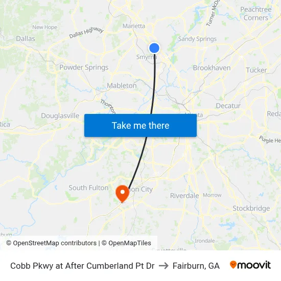 Cobb Pkwy at After Cumberland Pt Dr to Fairburn, GA map