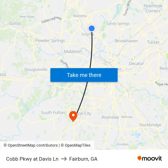 Cobb Pkwy at Davis Ln to Fairburn, GA map