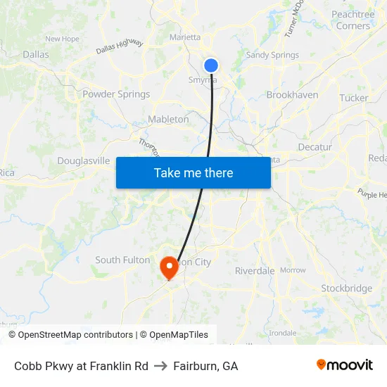 Cobb Pkwy at Franklin Rd to Fairburn, GA map