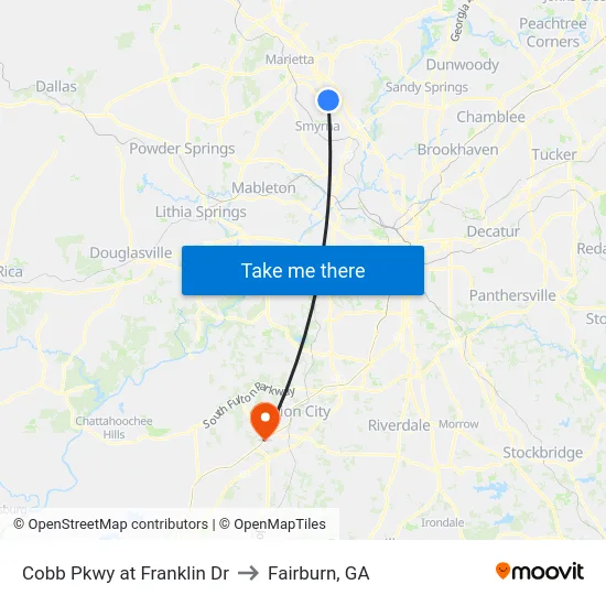 Cobb Pkwy at Franklin Dr to Fairburn, GA map