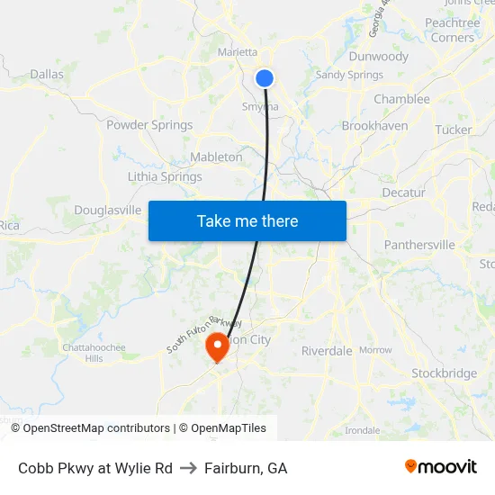 Cobb Pkwy at Wylie Rd to Fairburn, GA map