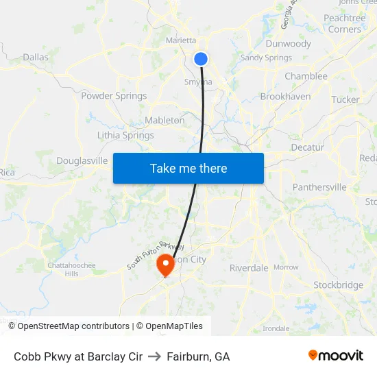 Cobb Pkwy at Barclay Cir to Fairburn, GA map