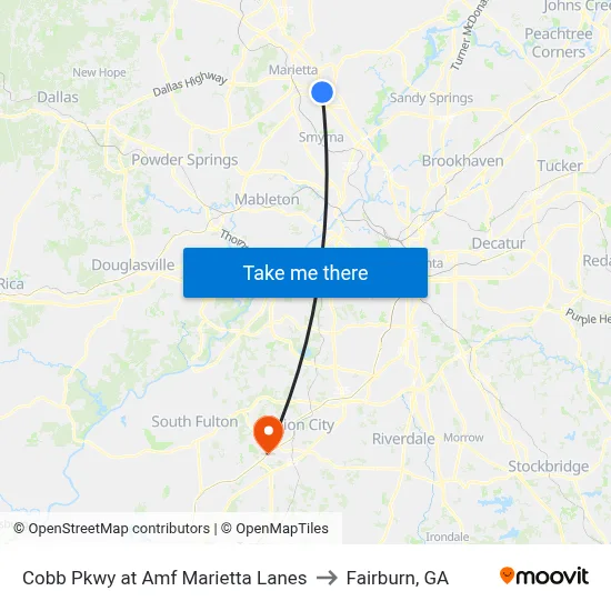 Cobb Pkwy at Amf Marietta Lanes to Fairburn, GA map