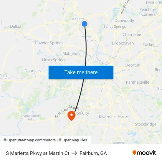 S Marietta Pkwy at Martin Ct to Fairburn, GA map