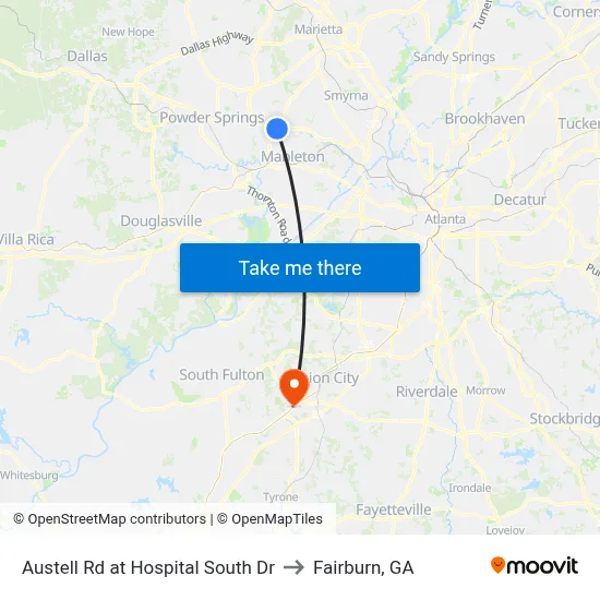 Austell Rd at Hospital South Dr to Fairburn, GA map