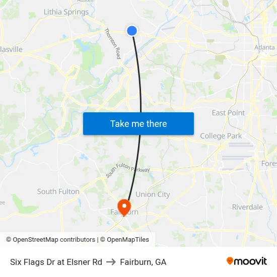 Six Flags Dr at Elsner Rd to Fairburn, GA map