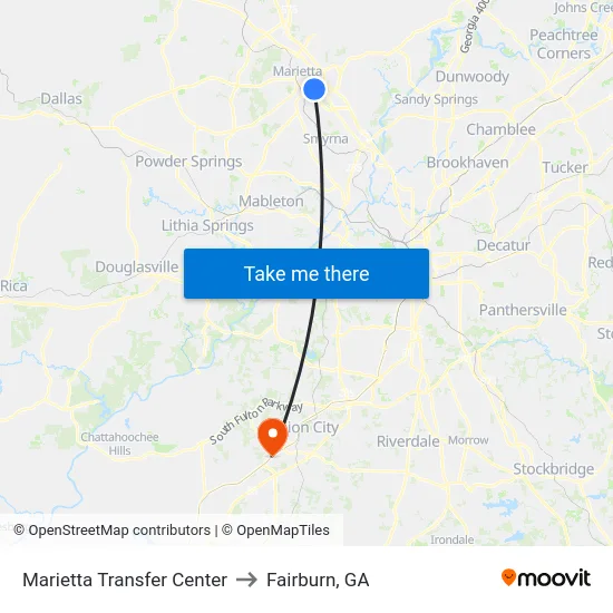 Marietta Transfer Center to Fairburn, GA map