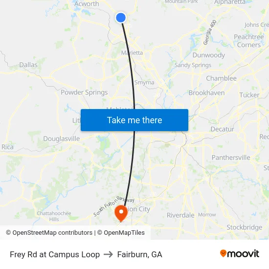 Frey Rd at Campus Loop to Fairburn, GA map
