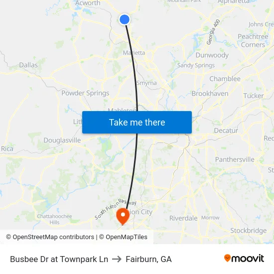 Busbee Dr at Townpark Ln to Fairburn, GA map