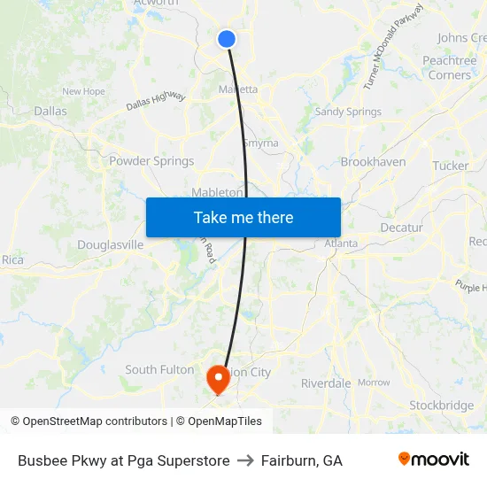 Busbee Pkwy at Pga Superstore to Fairburn, GA map