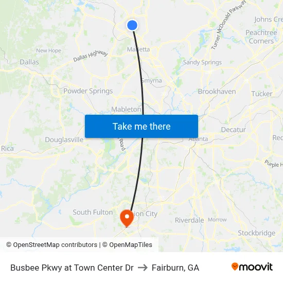 Busbee Pkwy at Town Center Dr to Fairburn, GA map