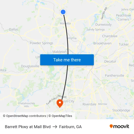 Barrett Pkwy at Mall Blvd to Fairburn, GA map