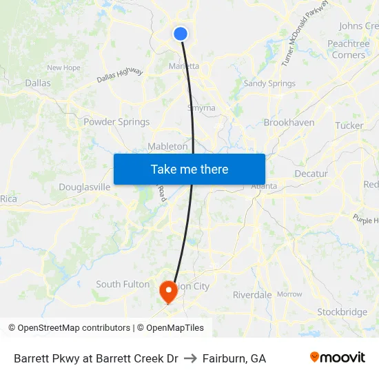 Barrett Pkwy at Barrett Creek Dr to Fairburn, GA map
