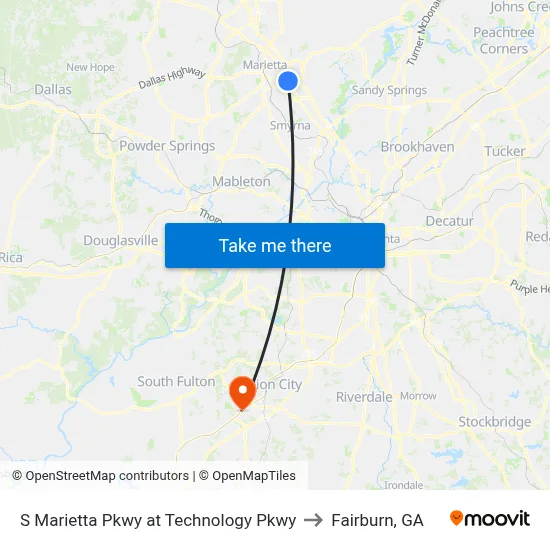 S Marietta Pkwy at Technology Pkwy to Fairburn, GA map
