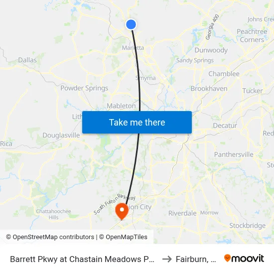 Barrett Pkwy at Chastain Meadows Pkwy to Fairburn, GA map