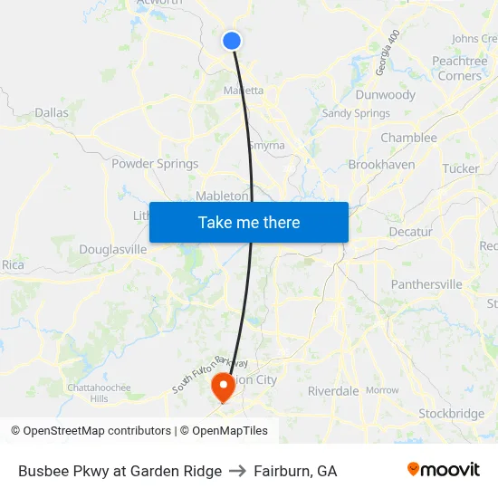 Busbee Pkwy at Garden Ridge to Fairburn, GA map