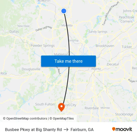 Busbee Pkwy at Big Shanty Rd to Fairburn, GA map