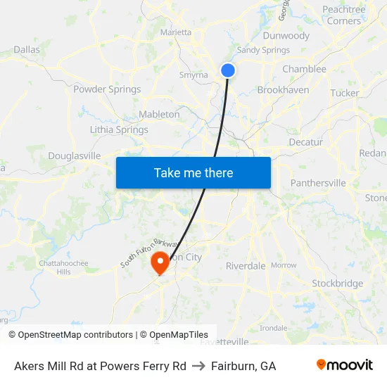 Akers Mill Rd at Powers Ferry Rd to Fairburn, GA map