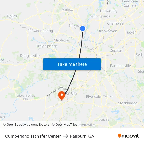 Cumberland Transfer Center to Fairburn, GA map