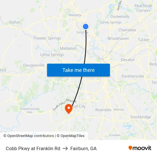 Cobb Pkwy at Franklin Rd to Fairburn, GA map