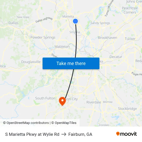 S Marietta Pkwy at Wylie Rd to Fairburn, GA map