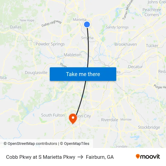 Cobb Pkwy at S Marietta Pkwy to Fairburn, GA map