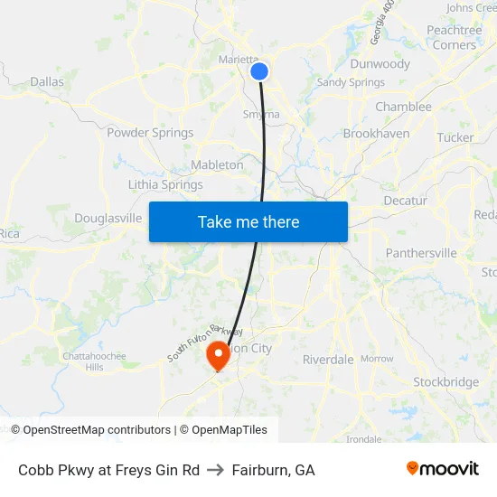 Cobb Pkwy at Freys Gin Rd to Fairburn, GA map