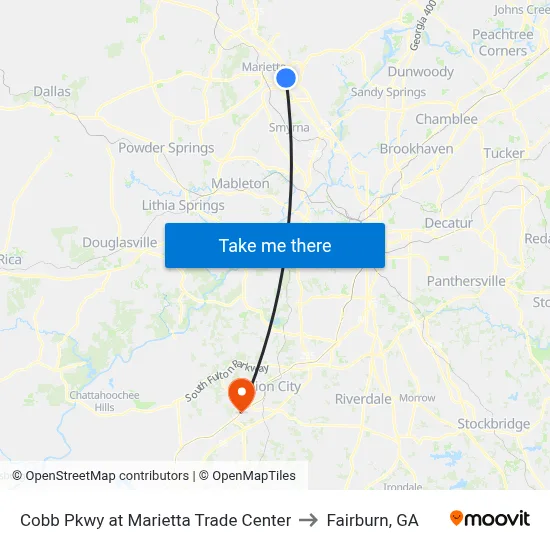 Cobb Pkwy at Marietta Trade Center to Fairburn, GA map