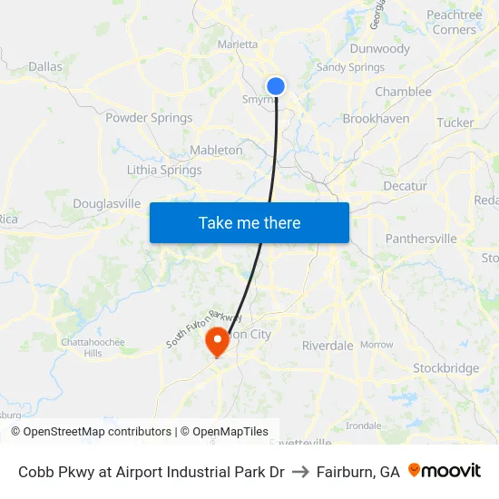 Cobb Pkwy at Airport Industrial Park Dr to Fairburn, GA map