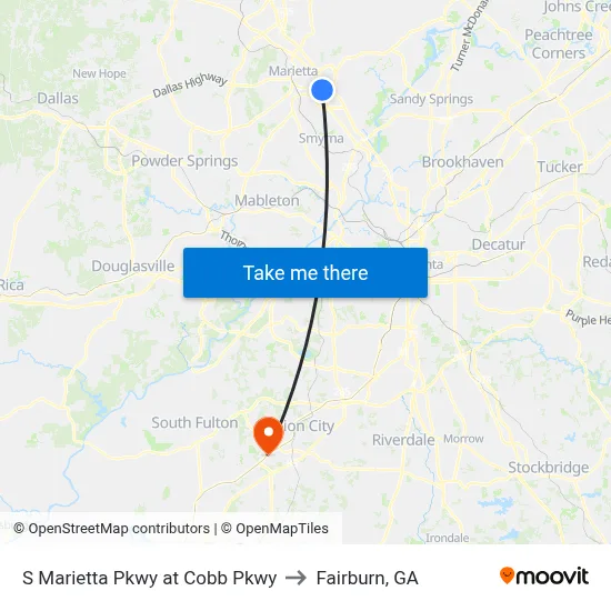 S Marietta Pkwy at Cobb Pkwy to Fairburn, GA map