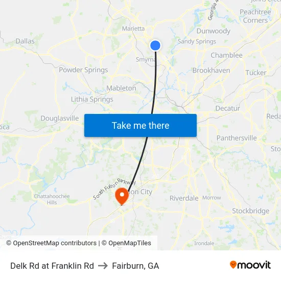 Delk Rd at Franklin Rd to Fairburn, GA map