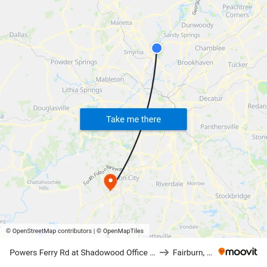 Powers Ferry Rd at Shadowood Office Park to Fairburn, GA map
