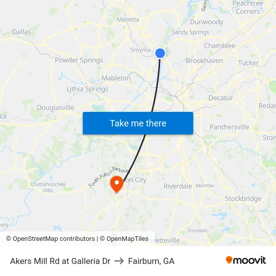 Akers Mill Rd at Galleria Dr to Fairburn, GA map