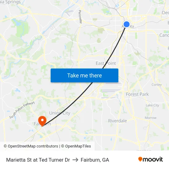 Marietta St at Ted Turner Dr to Fairburn, GA map