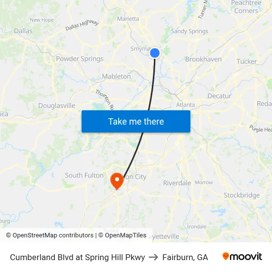 Cumberland Blvd at Spring Hill Pkwy to Fairburn, GA map