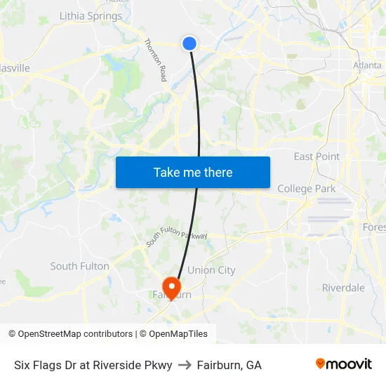 Six Flags Dr at Riverside Pkwy to Fairburn, GA map