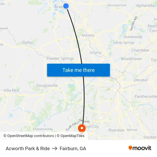 Acworth Park & Ride to Fairburn, GA map