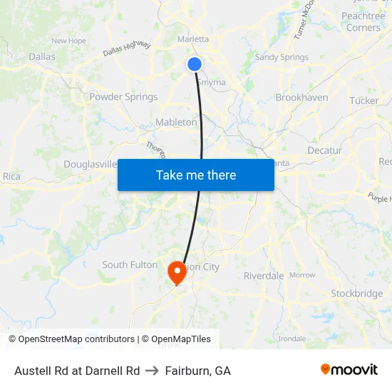 Austell Rd at Darnell Rd to Fairburn, GA map
