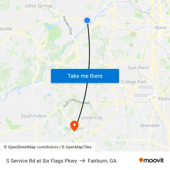 S Service Rd at Six Flags Pkwy to Fairburn, GA map