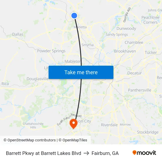 Barrett Pkwy at Barrett Lakes Blvd to Fairburn, GA map