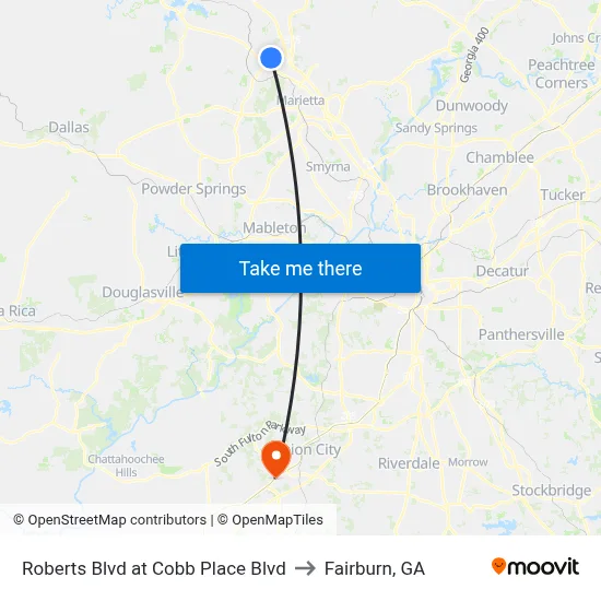 Roberts Blvd at Cobb Place Blvd to Fairburn, GA map