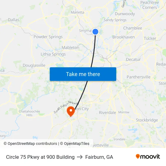 Circle 75 Pkwy at 900 Building to Fairburn, GA map