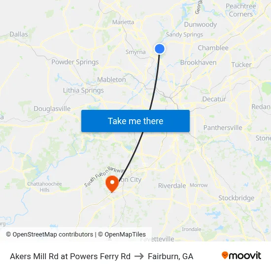 Akers Mill Rd at Powers Ferry Rd to Fairburn, GA map