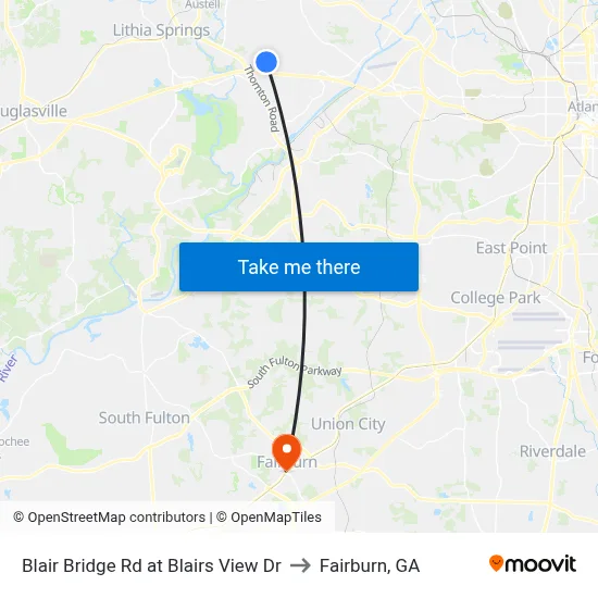 Blair Bridge Rd at Blairs View Dr to Fairburn, GA map
