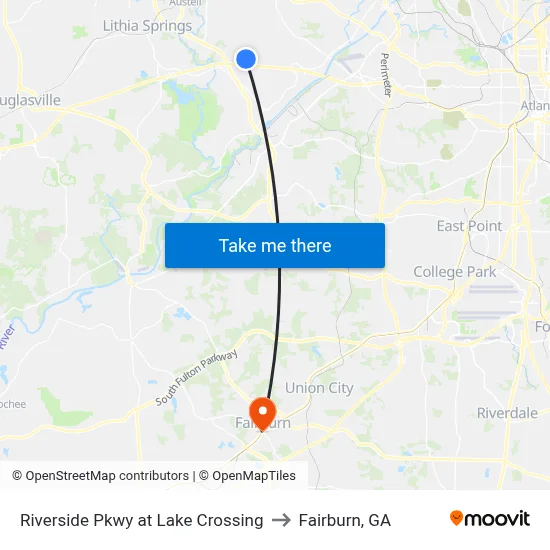 Riverside Pkwy at Lake Crossing to Fairburn, GA map