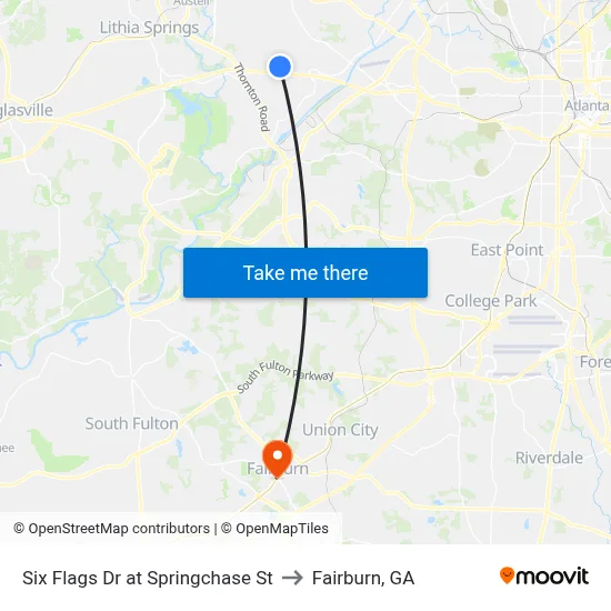 Six Flags Dr at Springchase St to Fairburn, GA map