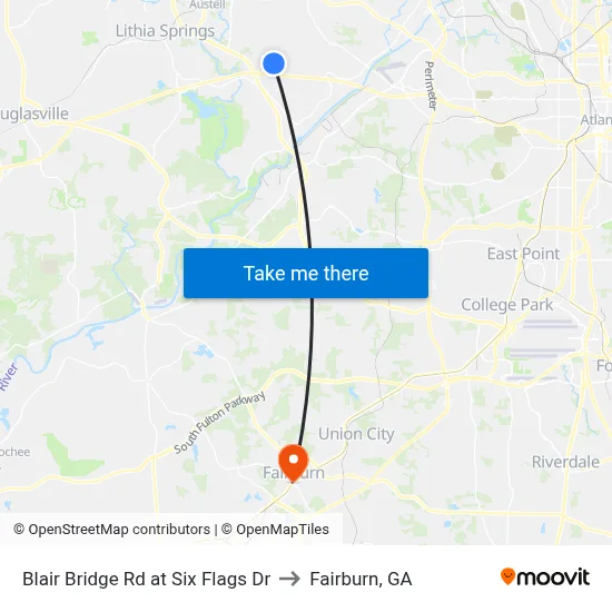 Blair Bridge Rd at Six Flags Dr to Fairburn, GA map