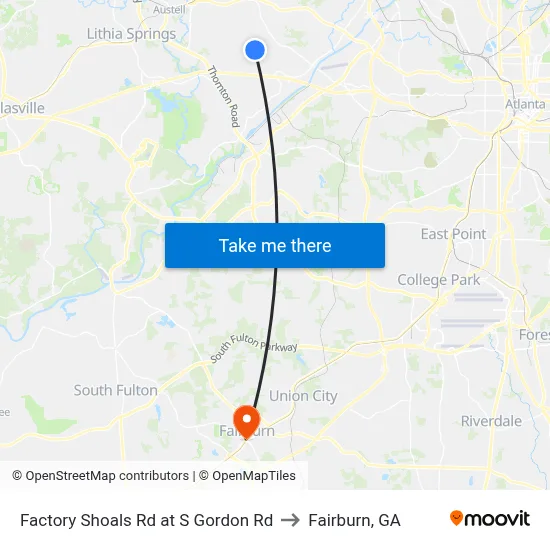 Factory Shoals Rd at S Gordon Rd to Fairburn, GA map