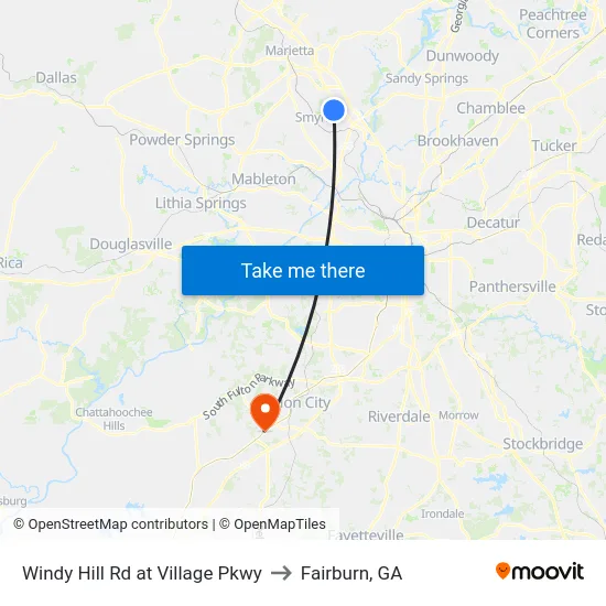 Windy Hill Rd at Village Pkwy to Fairburn, GA map