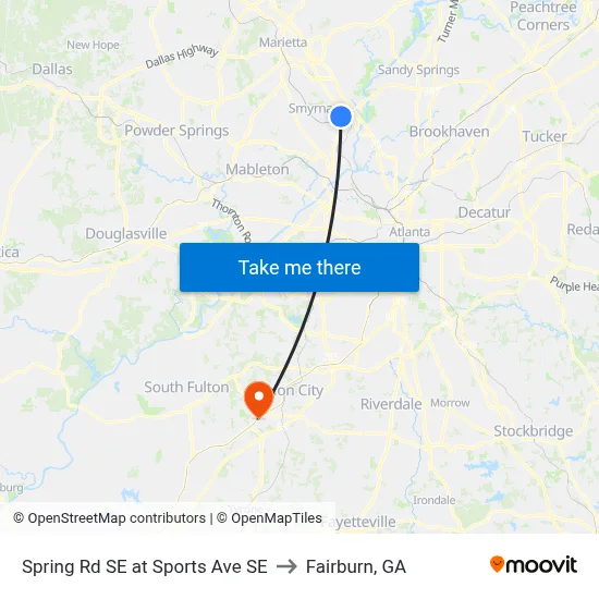 Spring Rd SE at Sports Ave SE to Fairburn, GA map